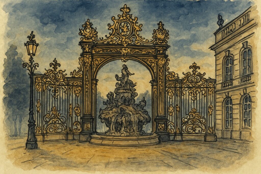 Handgezeichnete Illustration der goldenen Gitter der Place Stanislas in Nancy