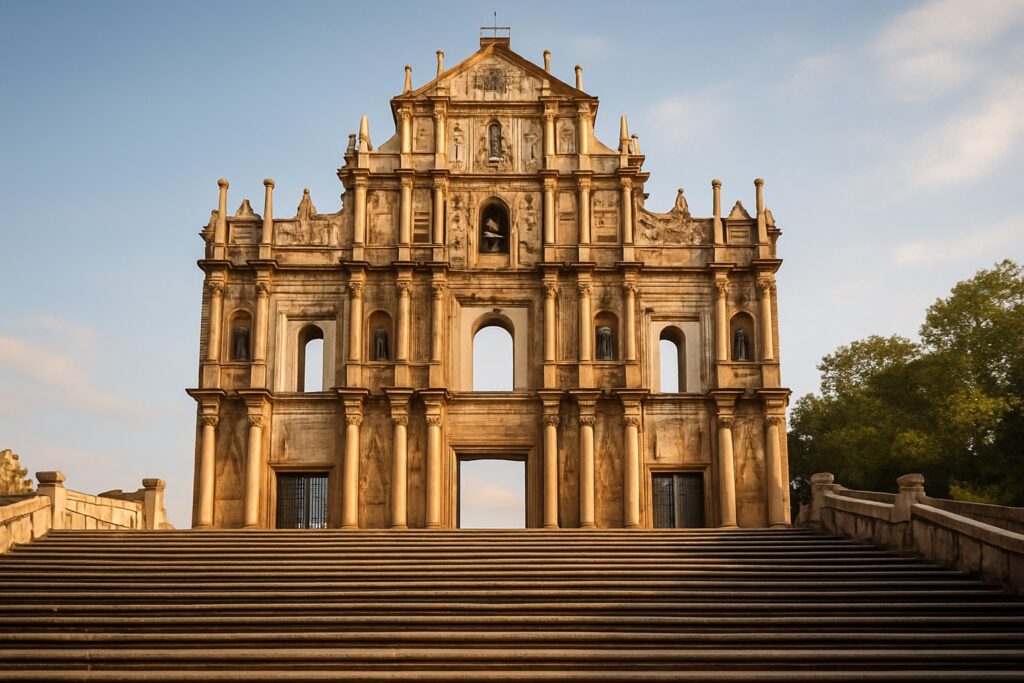 Die Ruinen von St. Paul in Macau, die reich verzierte Steinfassade der alten Kathedrale über ihrer großen Freitreppe im warmen Tageslicht