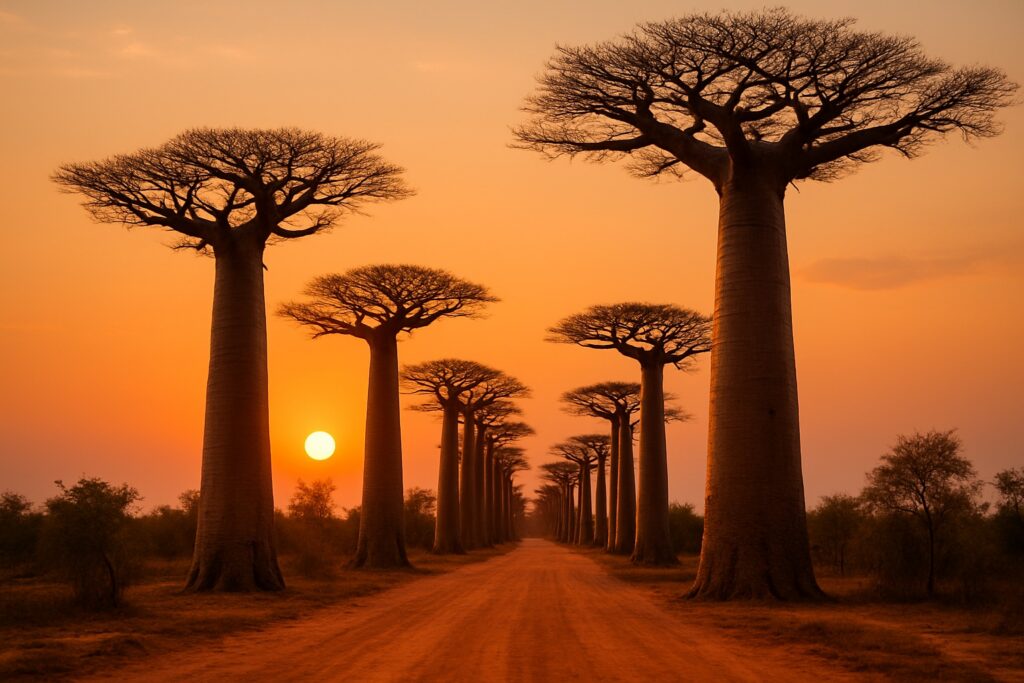 Die Allee der Baobabs auf Madagaskar bei Sonnenuntergang, eine Reihe riesiger alter Affenbrotbäume an einem roten Erdweg unter orangem Himmel