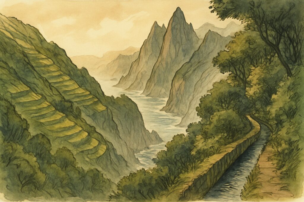 Illustration der Steilküste Madeiras mit Funchal, dem Cabo Girão und blühenden Gärten über dem Atlantik, Portugal