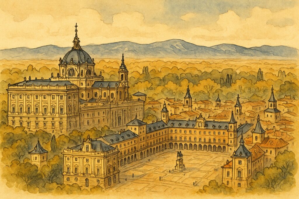 Illustration der Region Madrid mit Königspalast, Gran Vía und El Escorial