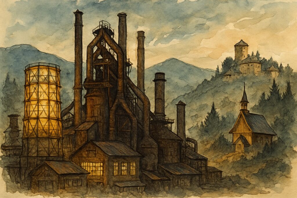 Illustration des Industrieareals Dolní Vítkovice in Ostrava mit Hochöfen und den Beskiden