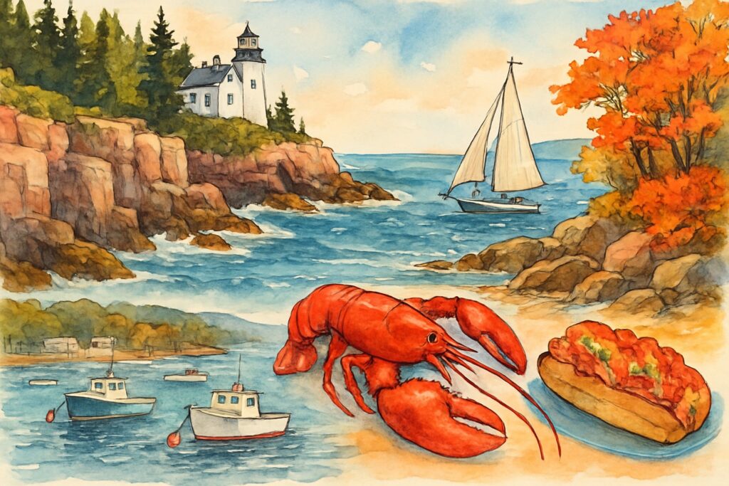 Illustration des US-Bundesstaats Maine in Neuengland mit den rosa Granitklippen und Nadelwäldern des Acadia-Nationalparks am Atlantik, einem weißen Leuchtturm über der Brandung, dem Hafen von Bar Harbor mit Hummerbooten, einem roten Hummer und leuchtend rotem Herbstlaub an einer felsigen Küste, USA