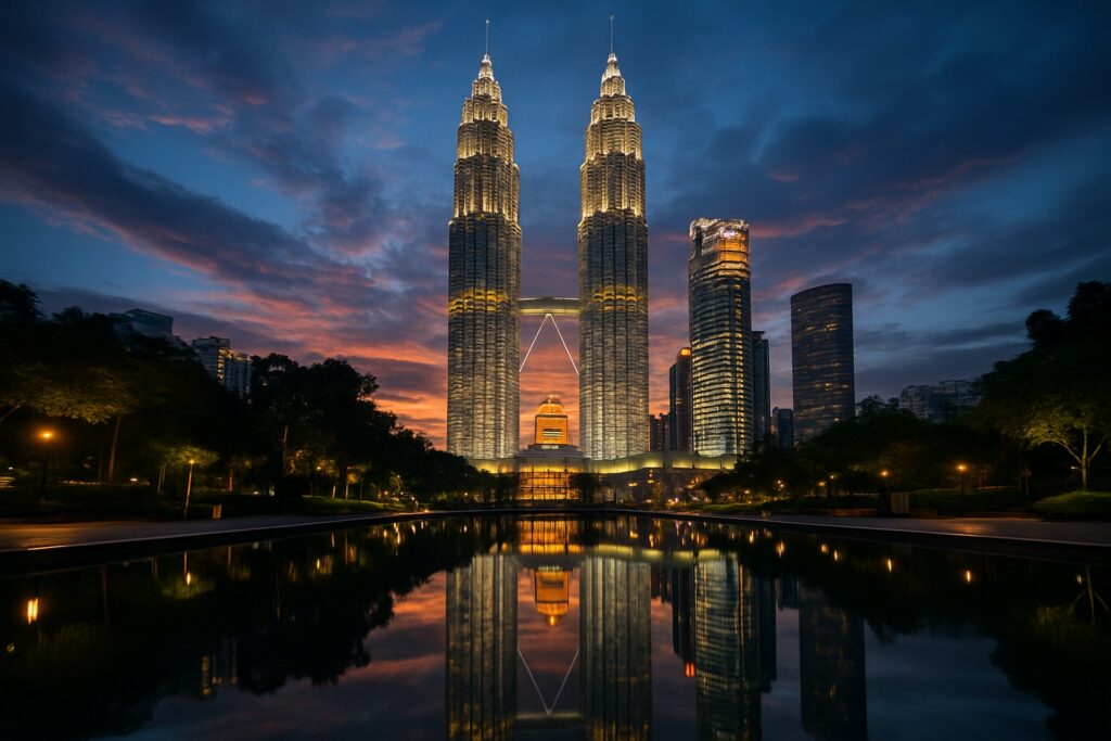 Die beleuchteten Petronas Twin Towers in Kuala Lumpur, Malaysia, spiegeln sich zur blauen Stunde im Wasser