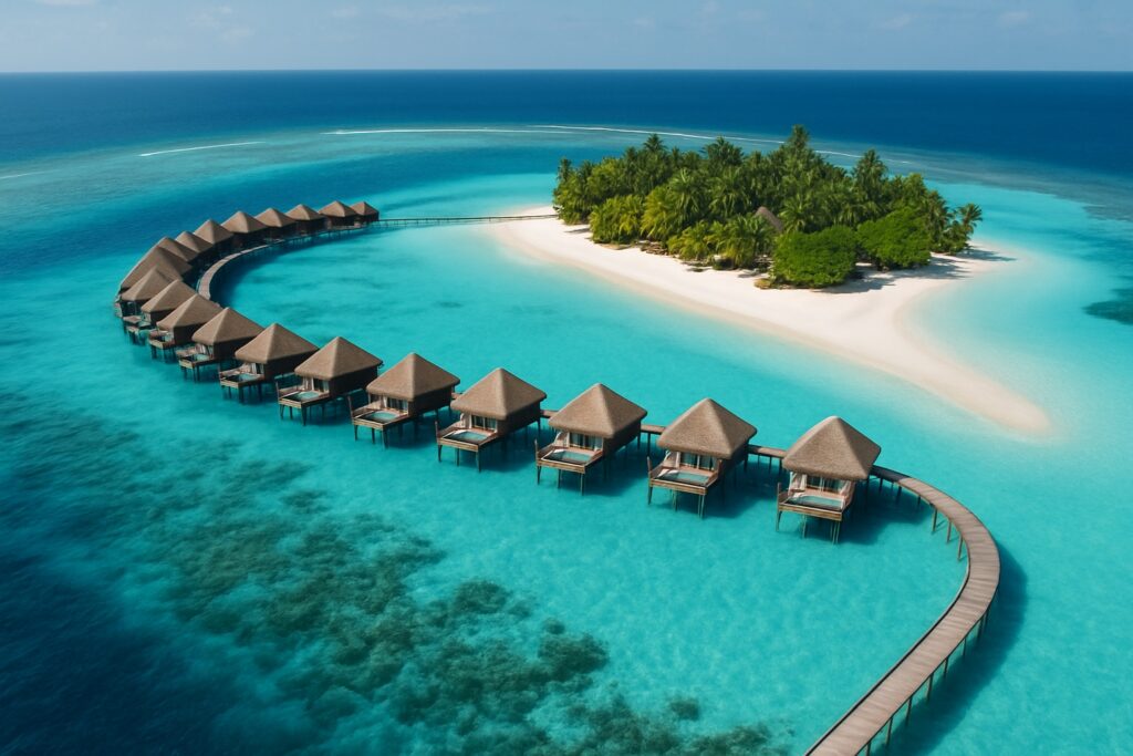 Wasservillen auf Stelzen über einer türkisen Lagune und eine palmengesäumte Insel auf den Malediven aus der Luft