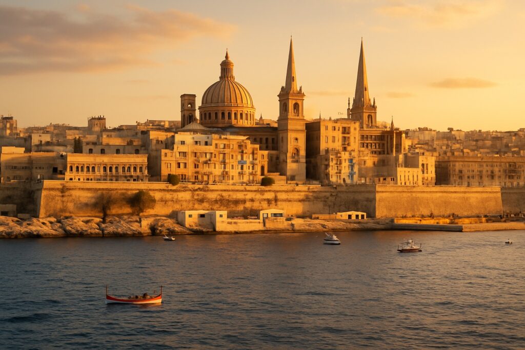 Die honigfarbene Kalksteinstadt Valletta und ihr Grand Harbour auf Malta mit historischen Bastionen und Kirchenkuppeln im goldenen Abendlicht