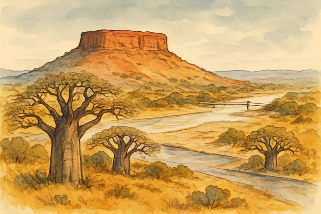 Illustration des roten Sandsteinhügels von Mapungubwe mit Baobabs am Limpopo, Limpopo