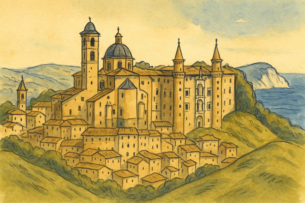 Handgezeichnete Illustration des Herzogspalasts von Urbino auf grünen Hügeln mit der Conero-Küste