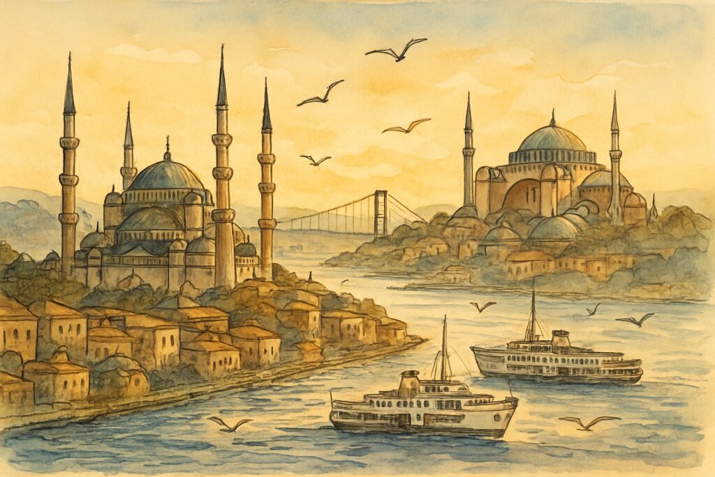 Illustration der Skyline von Istanbul mit Hagia Sophia und Bosporus zwischen Europa und Asien