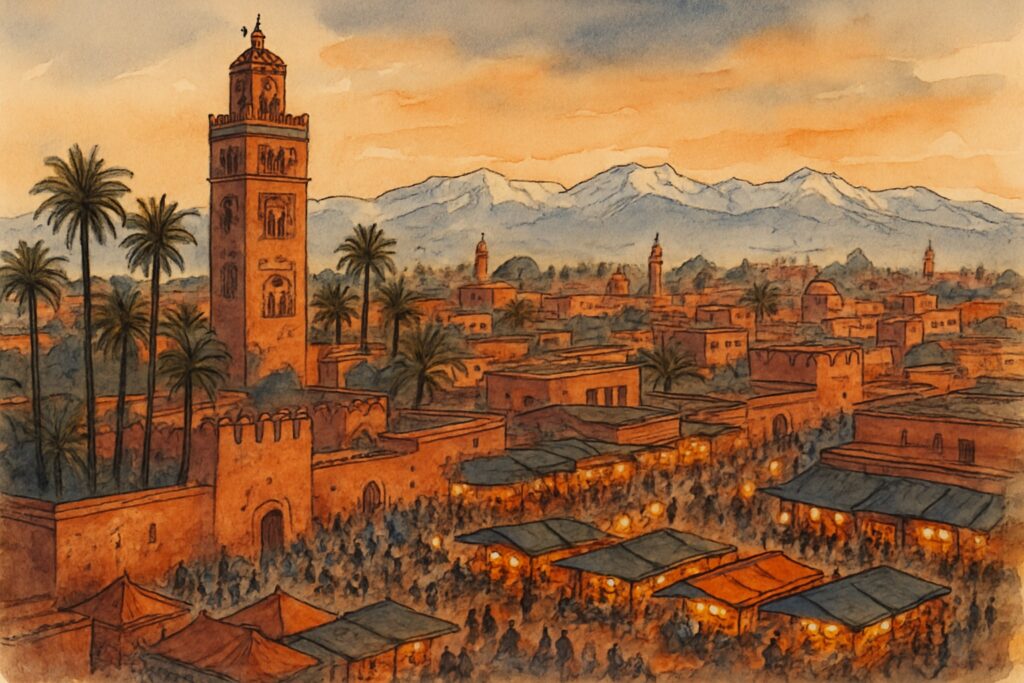 Illustration von Marrakesch mit dem Koutoubia-Minarett über Palmen, dem Platz Djemaa el-Fna und dem schneebedeckten Hohen Atlas im Hintergrund