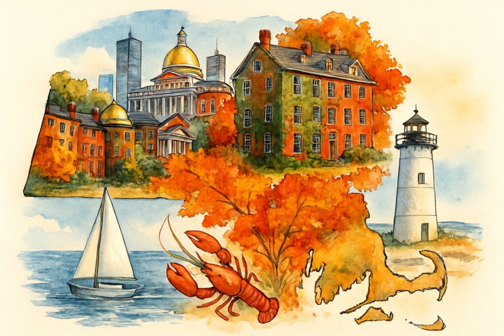 Illustration von Massachusetts mit der historischen Skyline von Boston mit Backsteinhäusern und der goldenen Kuppel des State House, einem efeubewachsenen Harvard-Gebäude, einem weißen Neuengland-Leuchtturm in den Dünen von Cape Cod, leuchtend rotem Herbstlaub, einem Segelboot und einem Hummer, USA