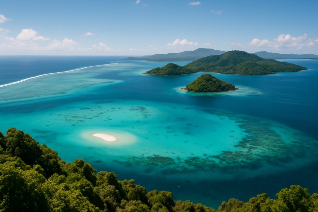 Türkise Lagune von Mayotte mit Korallenriff, weißer Sandbank und grünen Inseln