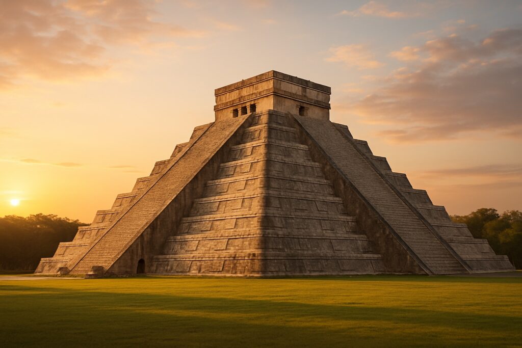 Die Maya-Pyramide El Castillo von Chichén Itzá auf der Halbinsel Yucatán, Mexiko, im warmen Licht des Sonnenaufgangs