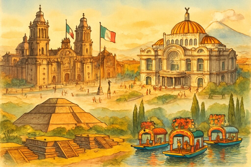 Illustration von Mexiko-Stadt und dem zentralen Hochland mit der Kathedrale am Zócalo, dem Palacio de Bellas Artes, den Pyramiden von Teotihuacán, den bunten Trajineras-Booten von Xochimilco und dem Vulkan Popocatépetl im Hintergrund, Mexiko