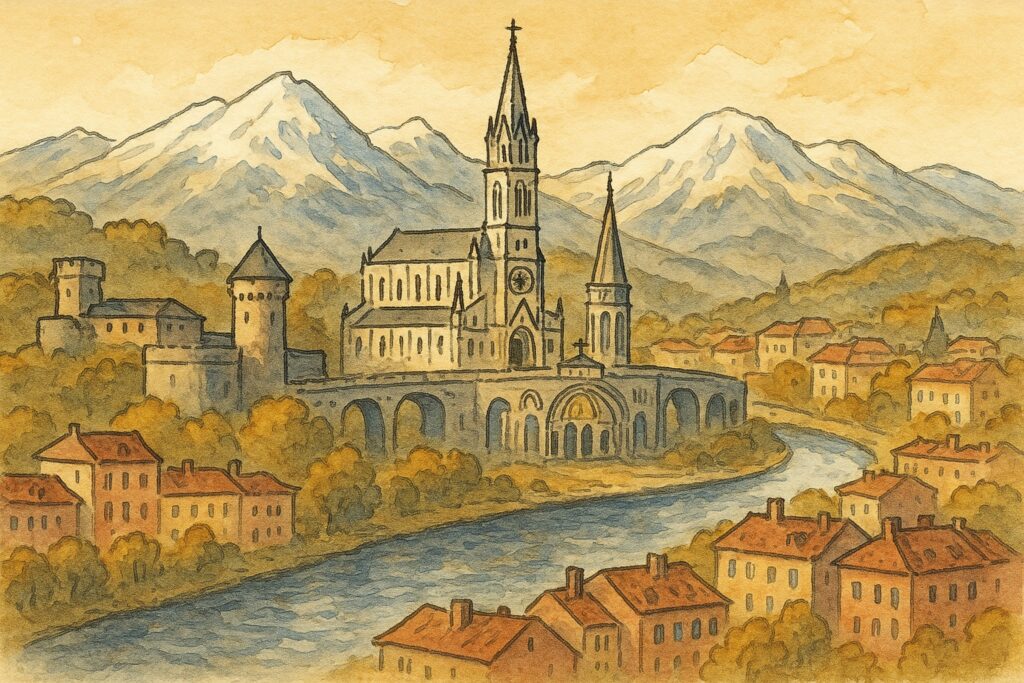 Handgezeichnete Illustration von Lourdes vor den Pyrenäen und dem rosa Toulouse