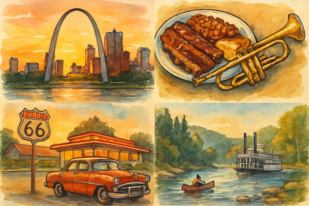 Illustration des US-Bundesstaats Missouri mit dem silbernen Gateway Arch von St. Louis über dem Mississippi im Abendlicht, einem Barbecue-Teller mit Rippchen und einer Jazztrompete aus Kansas City, einem nostalgischen Route-66-Diner mit einem Oldtimer, den bewaldeten Hügeln und klaren Flüssen der Ozarks mit einem Kanu und einem weißen Schaufelraddampfer bei Hannibal, USA