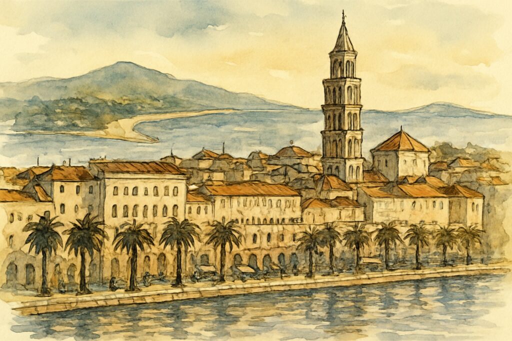 Illustration von Mitteldalmatien mit dem Diokletianpalast und der Riva von Split, dem Goldenen Horn von Brač und der Kathedrale von Šibenik