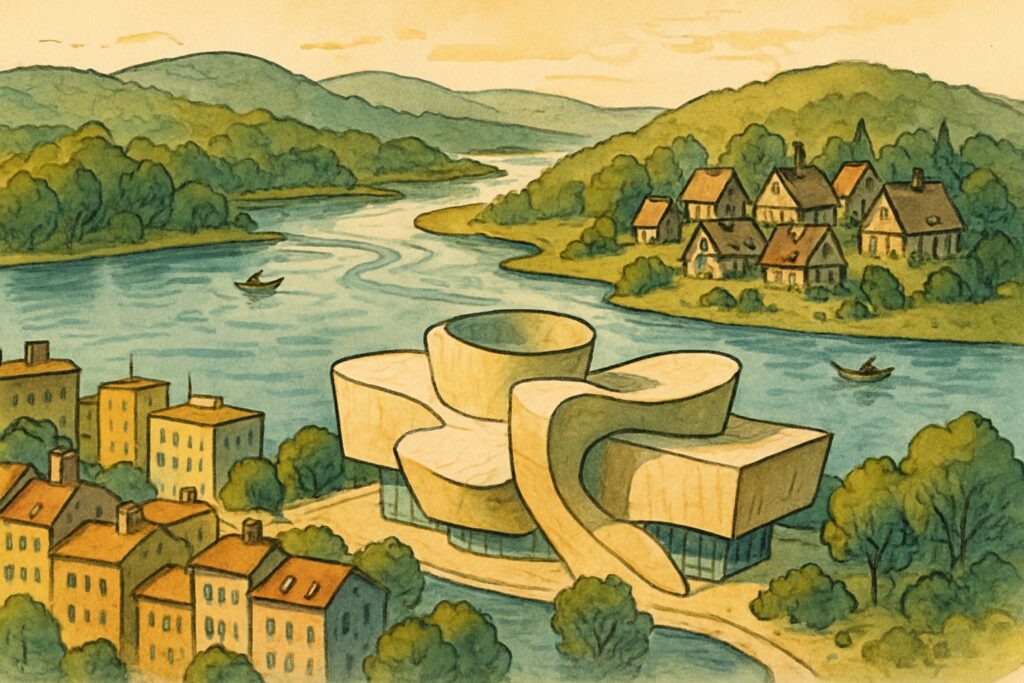 Illustration von Aarhus mit modernem Kunstmuseum, dem Seenhochland um Silkeborg mit Wäldern und Fluss und einem alten Freilichtmuseum
