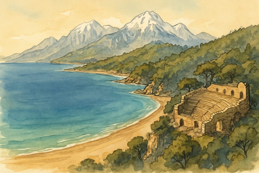 Illustration der türkischen Riviera bei Antalya mit Strand, Taurusgebirge und antiken Ruinen