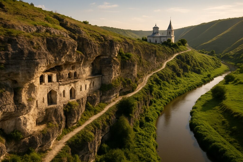 Das Höhlenkloster Orheiul Vechi auf den Felsen über dem gewundenen Fluss Raut in Moldau, grüne Hügellandschaft und eine einsame Kirche
