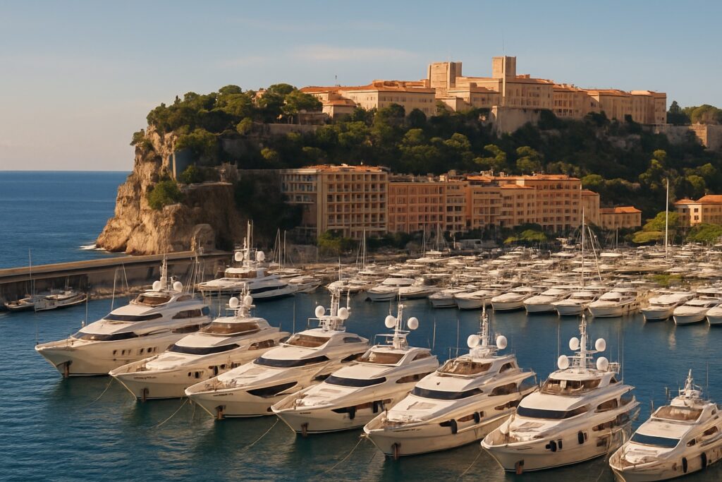 Der Hafen von Monte-Carlo in Monaco mit weißen Luxusyachten, dem Fürstenfelsen Monaco-Ville mit dem Fürstenpalast und dem tiefblauen Mittelmeer im warmen Nachmittagslicht