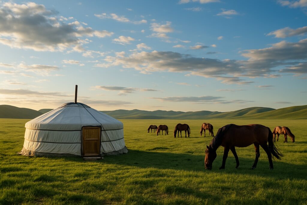 Die weite grüne mongolische Steppe unter einem riesigen Himmel, eine traditionelle weiße Jurte (Ger) und grasende Pferde im warmen Nachmittagslicht