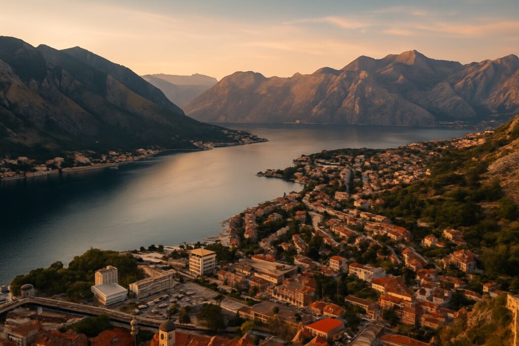 Die Bucht von Kotor in Montenegro, die fjordartige blaue Bucht umgeben von steilen Kalksteinbergen, die rot gedeckte Altstadt von Kotor am Ufer bei Sonnenuntergang