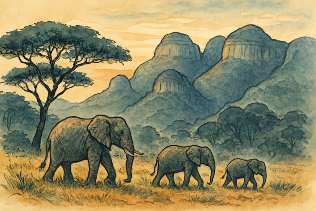 Illustration einer Safari am Krüger-Bushveld vor dem Blyde River Canyon, Mpumalanga