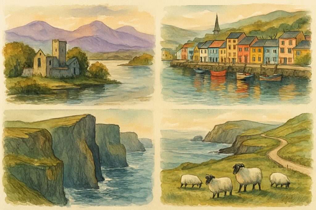 Illustration der Seen von Killarney, der Cliffs of Moher und der Dingle-Halbinsel in Munster