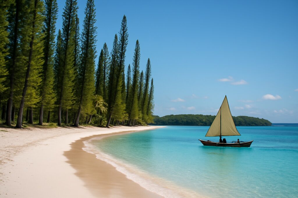 Île des Pins in Neukaledonien mit Araukarien-Pinien, weißem Strand und türkiser Lagune