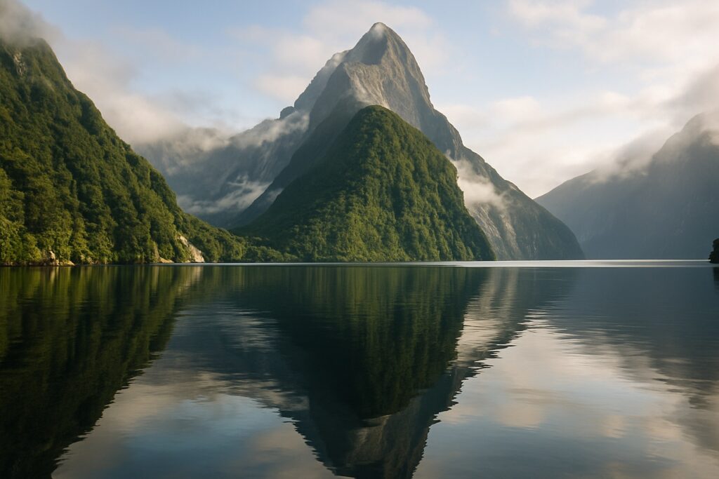 Der Mitre Peak erhebt sich über dem ruhigen Wasser des Milford Sound in Neuseeland, grüne Berge und Wasserfälle spiegeln sich, Morgennebel
