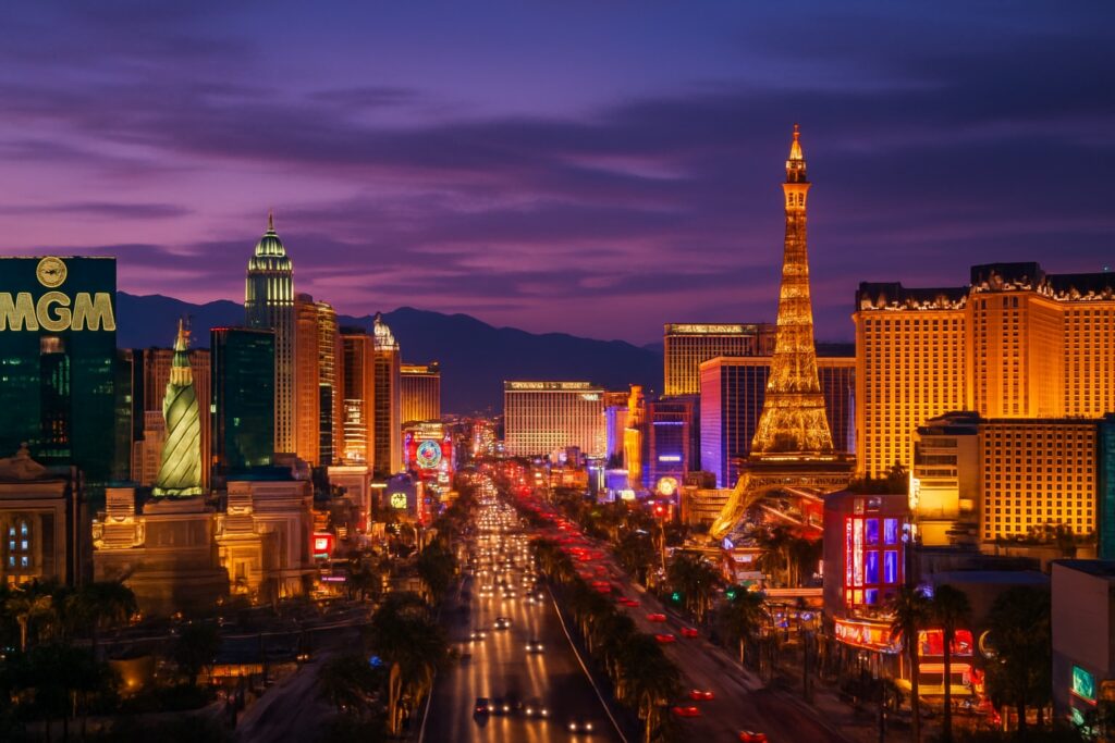 Der beleuchtete Las Vegas Strip mit Casino-Resorts in der Abenddämmerung vor den Bergen der Mojave-Wüste