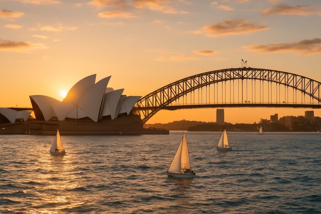 Das Sydney Opera House und die Harbour Bridge im Abendlicht über dem blauen Naturhafen von Sydney