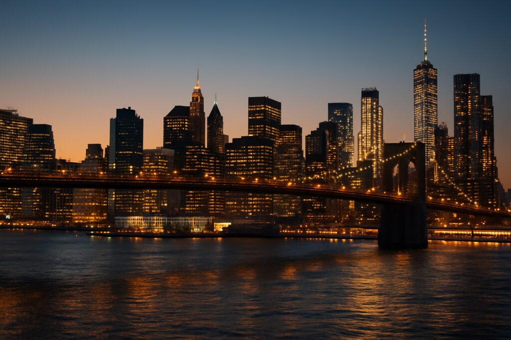 Die beleuchtete Skyline von Manhattan mit Empire State Building und Brooklyn Bridge über dem East River in der Dämmerung