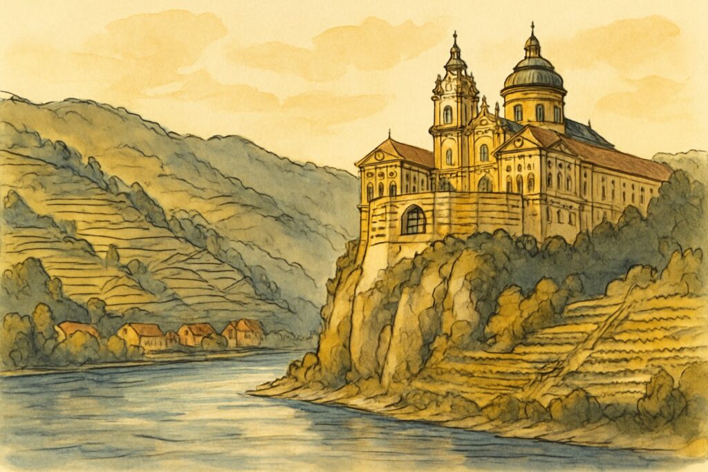 Illustration der Wachau an der Donau mit terrassierten Weinbergen und dem barocken Stift Melk, Niederösterreich