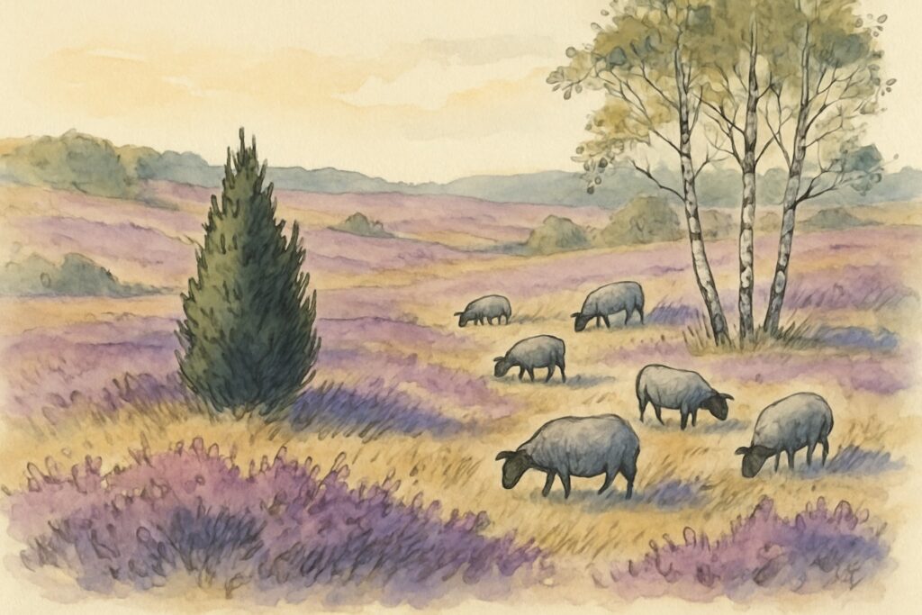 Illustration der blühenden Lüneburger Heide mit Wacholder und Heidschnucken, Niedersachsen