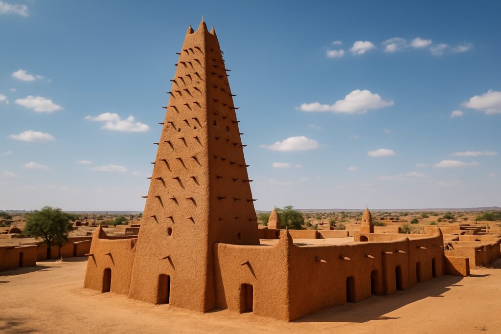 Die Große Moschee von Agadez in Niger mit ihrem hohen pyramidenförmigen Lehmminarett, das von Holzbalken durchzogen ist und über der Sahelstadt aufragt