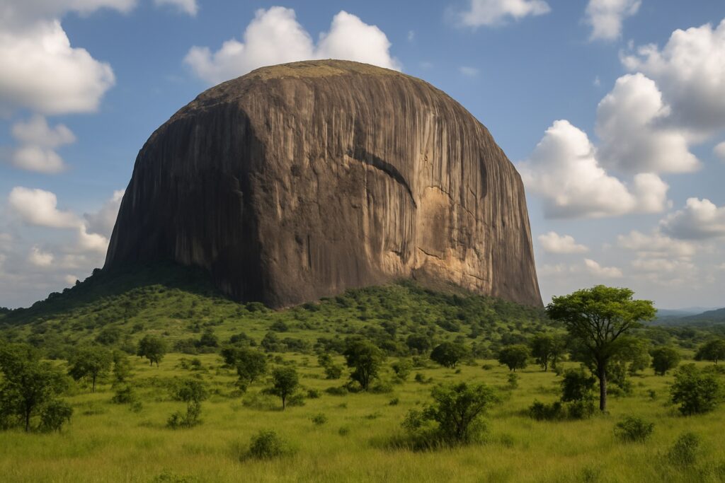 Der Zuma Rock, der gewaltige Granitmonolith nahe Abuja in Nigeria, der eindrucksvoll aus der grünen Savanne aufragt, unter hellem Himmel