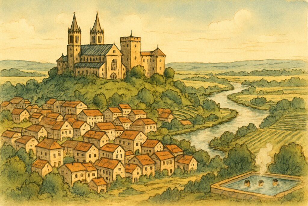 Illustration von Nitra mit Burg und Kathedrale auf dem grünen Burgberg über der Altstadt, weiter fruchtbarer Tiefebene mit Weizenfeldern und Weinbergen und einem dampfenden Thermalbad