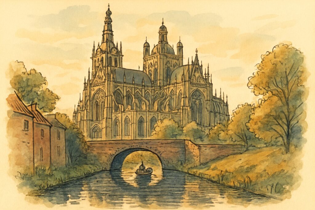 Illustration der Sint-Jan-Kathedrale in 's-Hertogenbosch, gespiegelt in einem Kanal der Binnendieze