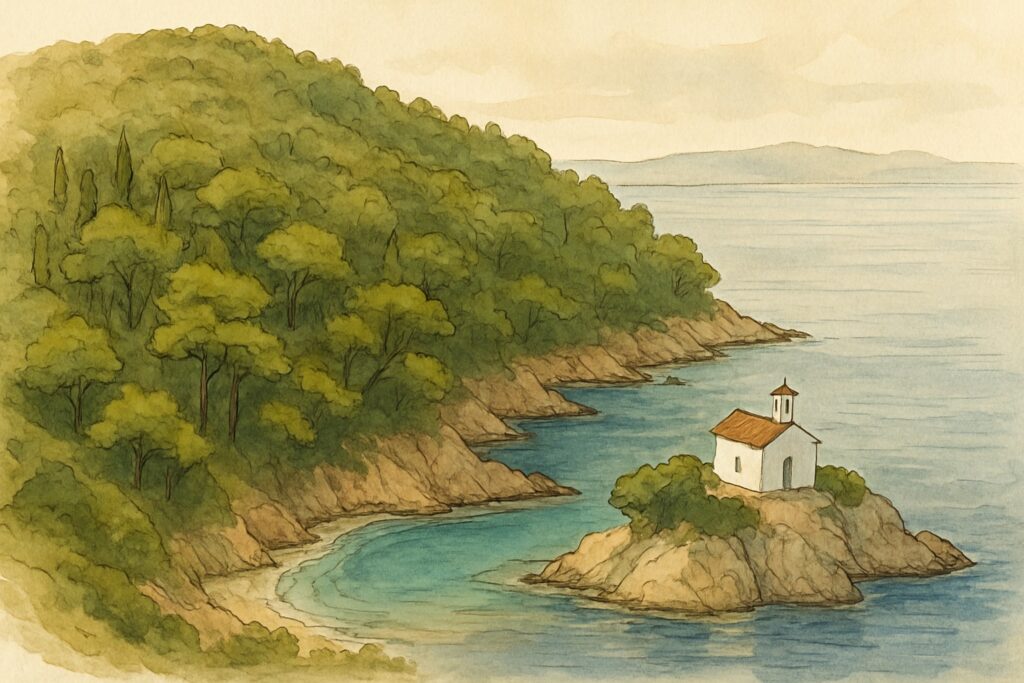 Illustration der Nordägäis und Sporaden mit den grünen bewaldeten Inseln Skopelos und Skiathos, Stränden und dem Meeresnationalpark von Alonnisos