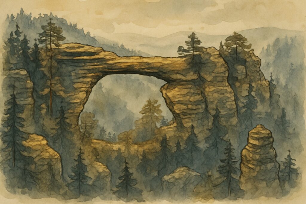 Illustration der Böhmischen Schweiz mit dem Felsentor Pravčická brána, den Sandsteinfelsen des Elbtals und dem Ještěd-Turm bei Liberec