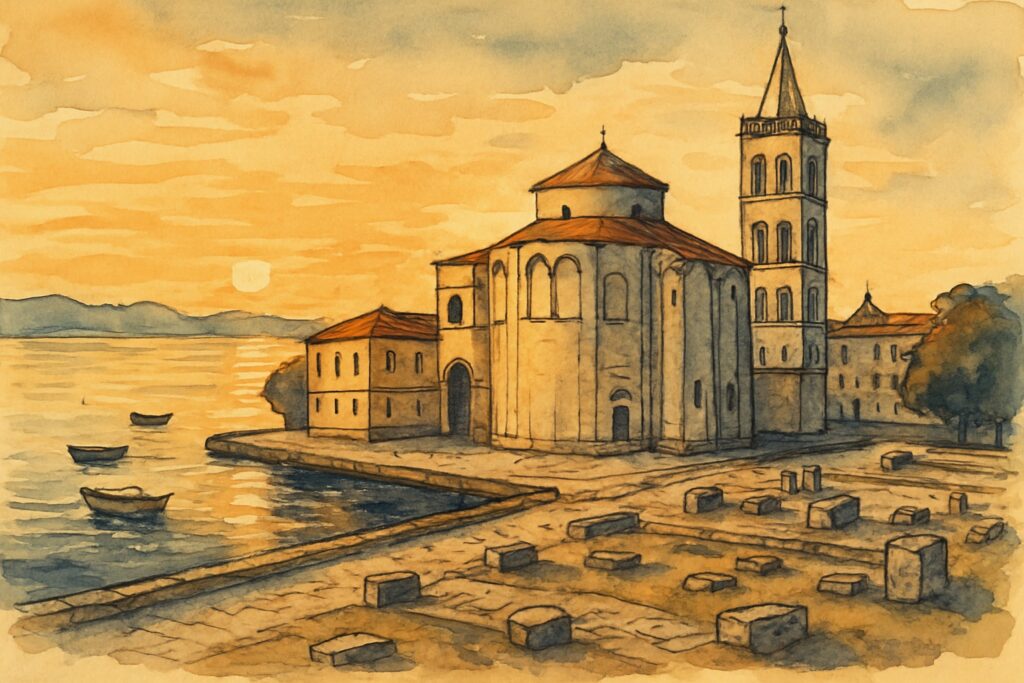 Illustration von Norddalmatien mit der Meeresorgel und dem römischen Forum von Zadar, den Kornati-Inseln und den Bergen des Velebit
