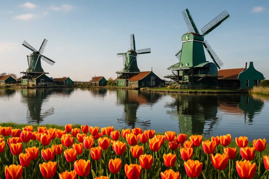 Windmühlen der Zaanse Schans in Nordholland an einem Kanal mit Tulpenfeld im Vordergrund