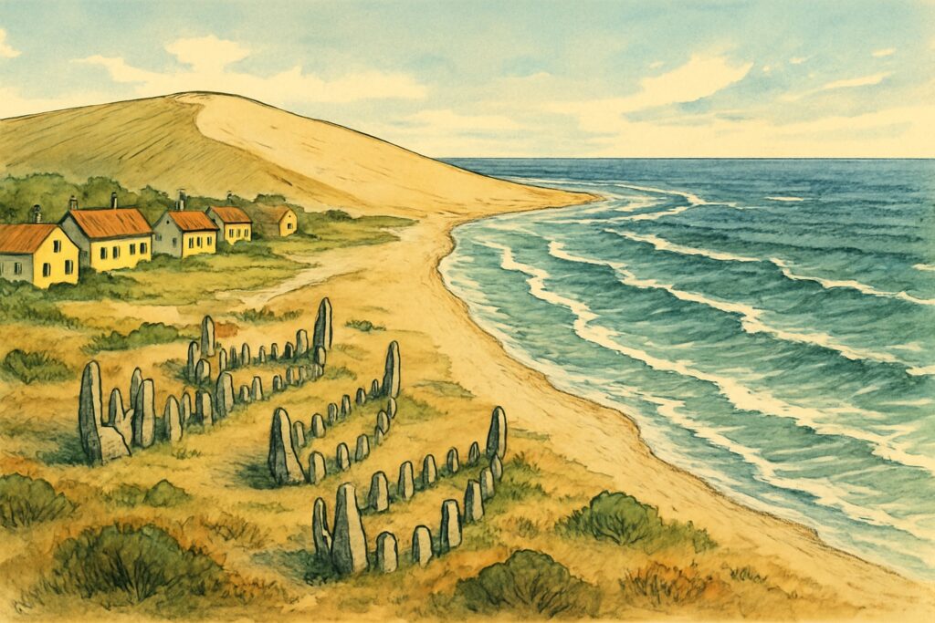 Illustration von Grenen bei Skagen, wo zwei Meere zusammentreffen, mit der Wanderdüne Råbjerg Mile, gelben Häusern und einem Wikinger-Gräberfeld