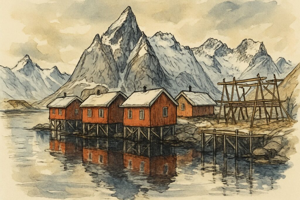 Illustration von Nordnorwegen mit den schroffen Gipfeln und roten Fischerhütten der Lofoten, dem Nordlicht über dem Meer und einem Postschiff