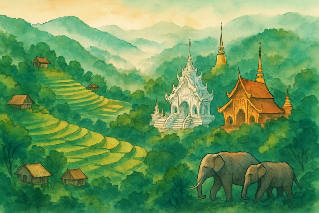 Illustration von Nordthailand mit den bewaldeten Bergen um Chiang Mai, dem Weißen Tempel bei Chiang Rai, Reisterrassen, Lanna-Tempeln und Elefanten im Dschungel