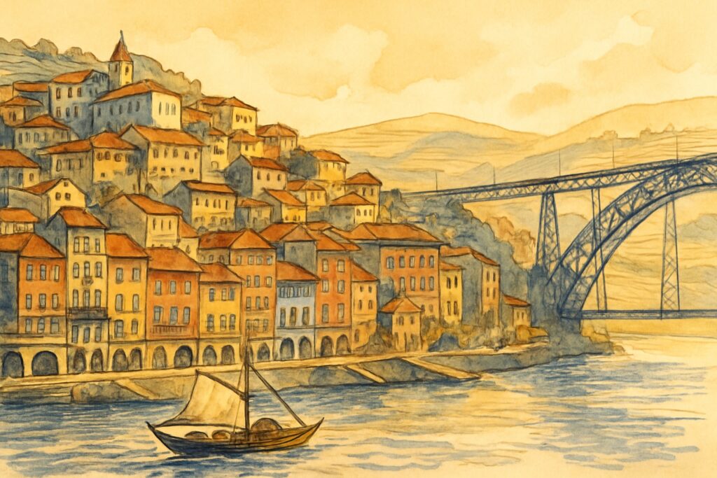 Illustration von Porto mit der Ribeira, der Ponte Dom Luís I und den Portwein-Kellern am Douro, Nordportugal