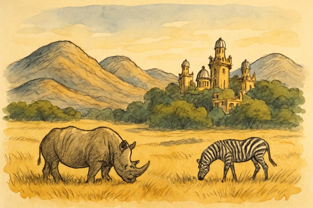 Illustration einer malariafreien Big-Five-Safari im Pilanesberg-Vulkankrater vor Sun City, Nordwest