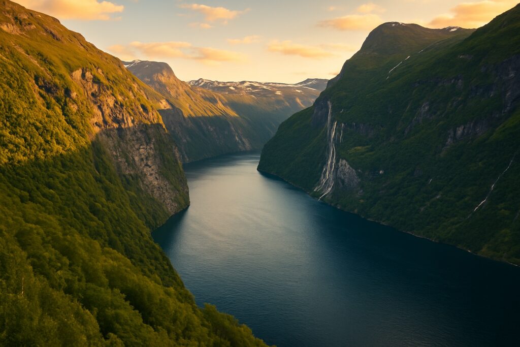 Geirangerfjord zwischen steilen grünen Bergen, Norwegen